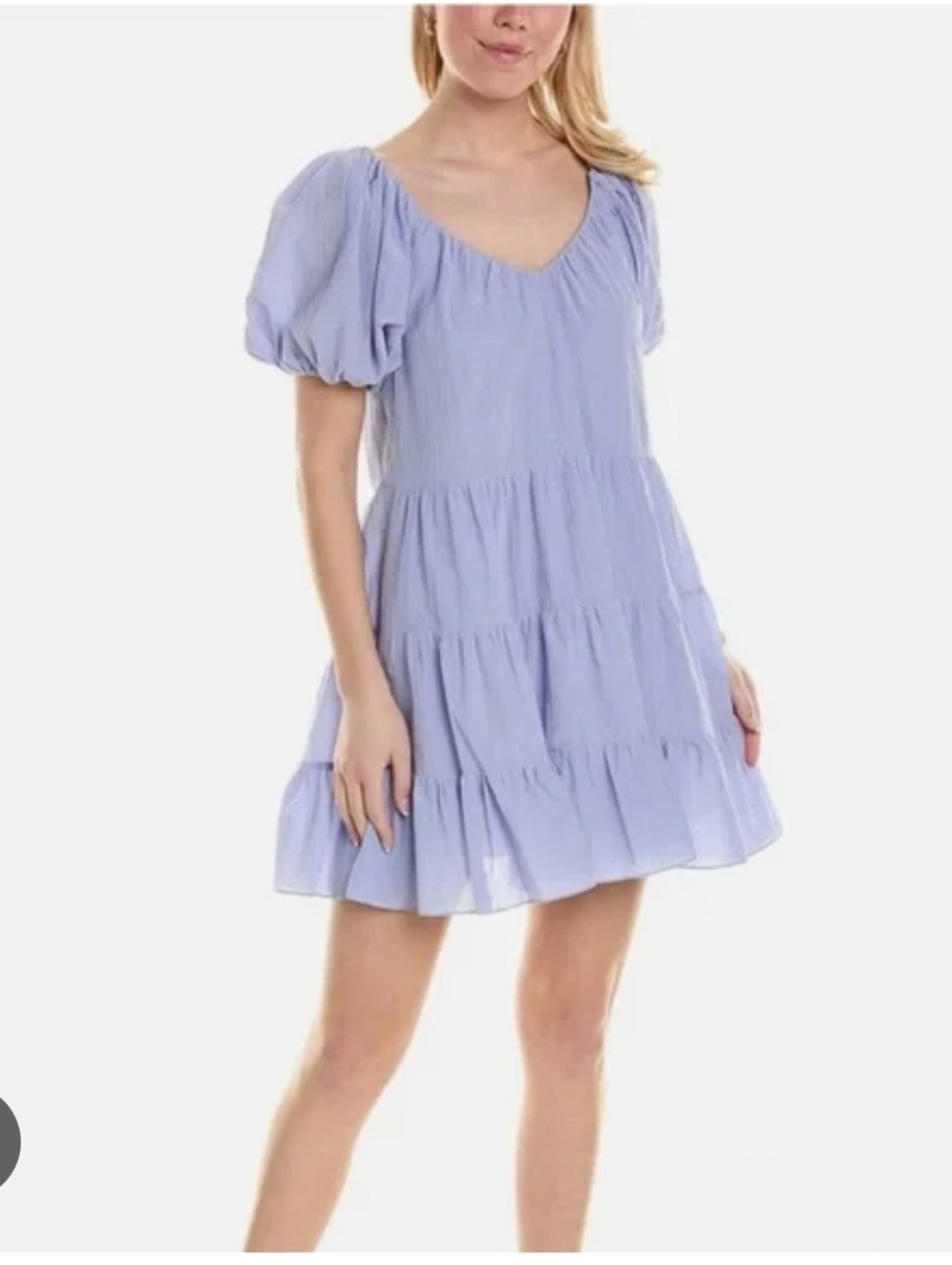 Rebecca Taylor Light Lilac Tiered Puff-Sleeve Mini Dress, Silk and Cotton/pocket